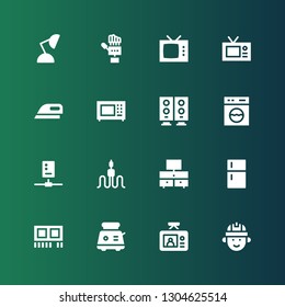 electrical icon set. Collection of 16 filled electrical icons included Engineering, Tv, Toaster, Ram, Fridge, Television, Cable, Circuit, Washing machine, Woofer, Microwave, Ironing