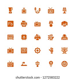 electrical icon set. Collection of 25 filled electrical icons included Power, Bulb, Radio, Desk lamp, Television, Electric tower, Technology, Energy, Voltmeter, Printer, Wired gloves