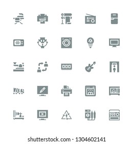 electrical icon set. Collection of 25 filled electrical icons included Radio, Voltmeter, Bolt, Television, Electric telegraph, Microwave, Dishwasher, Printer, Concrete, Metal detector