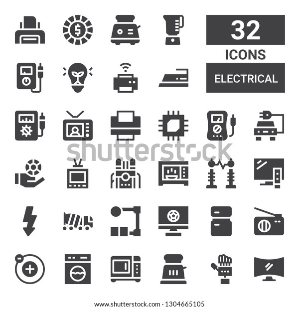 electrical\
icon set. Collection of 32 filled electrical icons included\
Television, Technology, Toaster, Microwave, Washing machine,\
Electron, Radio, Fridge, Wire, Concrete,\
Flash