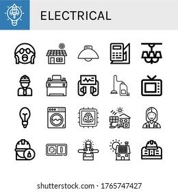 electrical icon set. Collection of Lightbulb, Shocked, Solar, Light, Engineering, Lamp, Engineer, Car battery, Defibrillator, Vacuum cleaner, Old tv, Light bulb, Washing machine icons