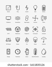 Electrical icon set. Safety signs. Security logos. Current charge battery. Bulb fan siren audio. CCTV monitor iris and fingerprint scanner lock. WiFi router time clock. Poison hazards fire heat wet.