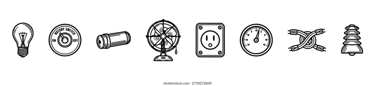 An electrical icon set with visuals for power sources, lighting, wiring, and household devices.