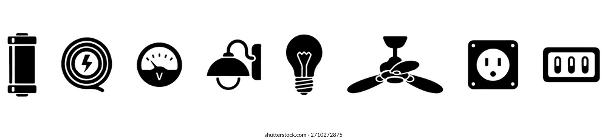 An electrical icon set with visuals for power sources, lighting, wiring, and household devices.
