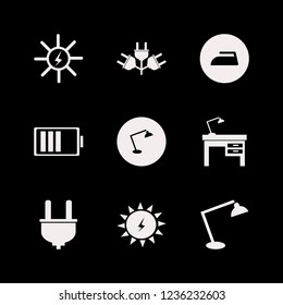 electrical icon. electrical vector icons set lamp on desk, plug, desk table lamp and battery