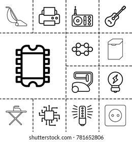 Electrical icons. set of 13 editable outline electrical icons such as vacuum cleaner, printer, bulb, cpu, radio, guitar, plug socket, ironing table