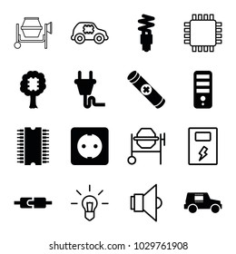 Electrical icons. set of 16 editable filled and outline electrical icons such as cpu, cpu in tree, plug in power socket, plug socket, plug, fluorescent lamp, concrete mixer