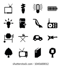 Electrical icons. set of 16 editable filled electrical icons such as vacuum cleaner, clean fridge, concrete mixer, guitar, bulb, cpu in car, cpu in tree, radio