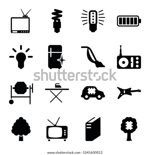 Electrical icons. set of 16 editable\
filled electrical icons such as vacuum cleaner, clean fridge,\
concrete mixer, guitar, bulb, cpu in car, cpu in tree,\
radio
