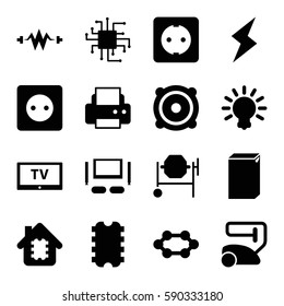 electrical icons set. Set of 16 electrical filled icons such as plug socket, vacuum cleaner, washing machine, printer, concrete mixer, speaker, TV set, flash, bulb, TV