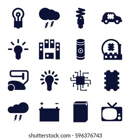 electrical icons set. Set of 16 electrical filled icons such as vacuum cleaner, washing machine, bulb, battery, loud speaker set, light bulb, fluorescent lamp, thunderstorm