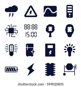 electrical icons set. Set of 16 electrical filled icons such as clean fridge, CPU, concrete mixer, light bulb, voltage warning, battery, flash, thunderstorm, digital time