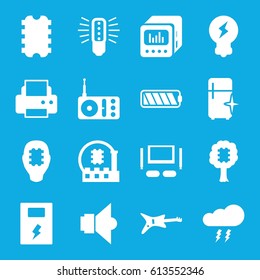 Electrical icons set. set of 16 electrical filled icons such as clean fridge, printer, radio, loud speaker with equalizer, lamp, TV set, battery, bulb, thunderstorm