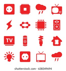 Electrical icons set. set of 16 electrical filled icons such as plug socket, tv, battery, loudspeaker, fluorescent lamp, thunderstorm, flash, bulb, cpu, cpu
