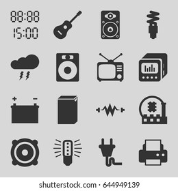 Electrical icons set. set of 16 electrical filled icons such as washing machine, printer, tv, speaker, loudspeaker, guitar, loud speaker with equalizer, plug, fluorescent lamp