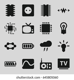 Electrical icons set. set of 16 electrical filled icons such as plug socket, bulb, tv, baterry, cpu, battery, thunderstorm, radio, cpu