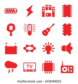 Electrical icons set. set of 16 electrical filled icons such as loud speaker set, guitar, tv, cpu, lamp, thunderstorm, battery, flash, bulb, radio, cpu in tree