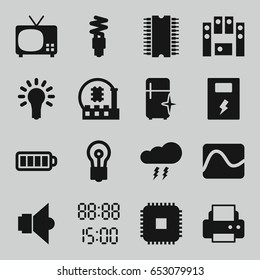 Electrical icons set. set of 16 electrical filled icons such as clean fridge, bulb, printer, baterry, loud speaker set, light bulb, fluorescent lamp, lamp, battery