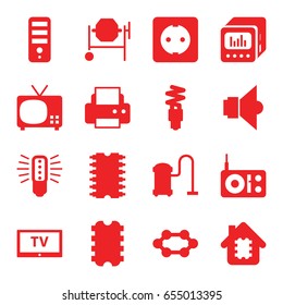 Electrical icons set. set of 16 electrical filled icons such as vacuum cleaner, cpu, printer, concrete mixer, loud speaker with equalizer, cpu, plug socket, fluorescent lamp