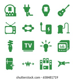 Electrical icons set. set of 16 electrical filled icons such as vacuum cleaner, clean fridge, tv, tv, loud speaker set, guitar, loud speaker with equalizer, plug