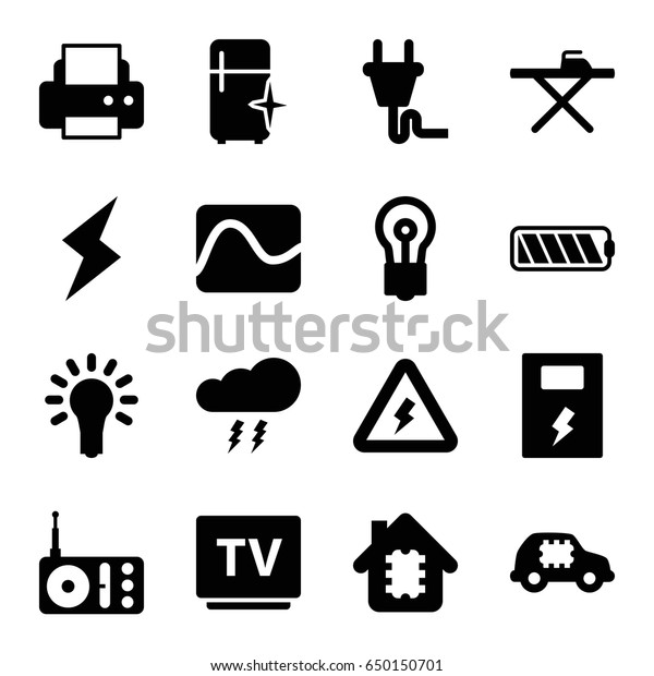 Electrical icons set. set of 16\
electrical filled icons such as ironing table, clean fridge, bulb,\
printer, radio, tv, plug, light bulb, voltage warning, battery,\
flash