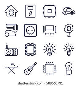 electrical icons set. Set of 16 electrical outline icons such as vacuum cleaner, ironing table, bulb, radio, guitar, plug socket, light bulb, TV set, battery, CPU