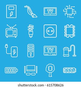 Electrical icons set. set of 16 electrical outline icons such as plug socket, vacuum cleaner, CPU, Tv, baterry, TV, fluorescent lamp, TV set, battery