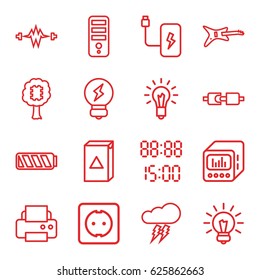 Electrical icons set. set of 16 electrical outline icons such as washing machine, CPU, printer, loud speaker with equalizer, plug socket, light bulb, battery, bulb