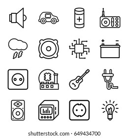 Electrical icons set. set of 16 electrical outline icons such as plug socket, radio, battery, speaker, loudspeaker, guitar, loud speaker with equalizer, plug, light bulb, lamp