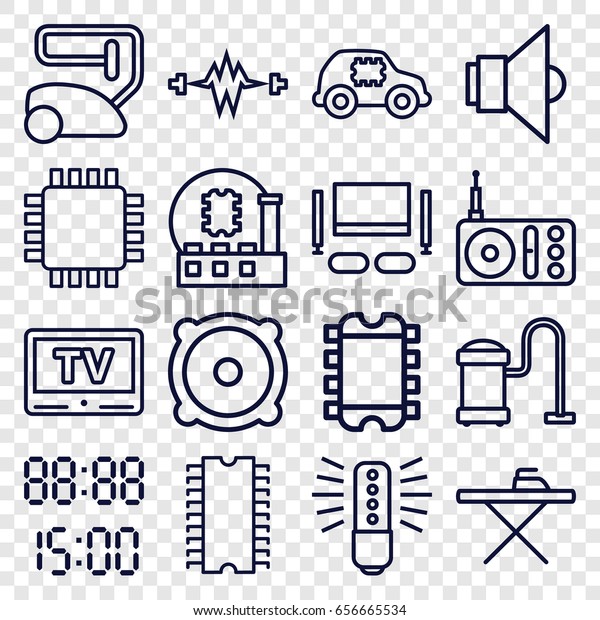 Electrical icons set.\
set of 16 electrical outline icons such as vacuum cleaner, ironing\
table, radio, speaker, tv, lamp, tv set, cpu, digital time, bulb,\
cpu in car, cpu