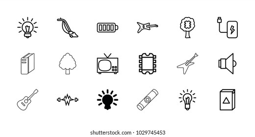 Electrical icons. set of 18 editable outline electrical icons: bulb, washing machine, vacuum cleaner, guitar, tv, cpu in tree, cpu, electricity, baterry, light bulb, lamp