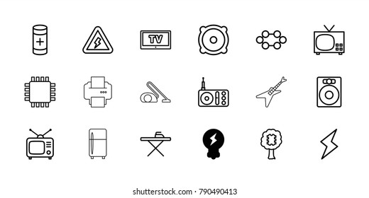 Electrical icons. set of 18 editable outline electrical icons: bulb, ironing table, speaker, tv, cpu in tree, cpu, radio, tv, battery, voltage warning, flash, cpu