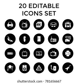 Electrical icons. set of 20 editable filled electrical icons such as vacuum cleaner, printer, concrete mixer, tv, radio, tv. best quality electrical elements in trendy style.