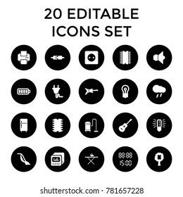 Electrical icons. set of 20 editable filled electrical icons such as plug socket, vacuum cleaner, bulb, guitar, cpu in tree. best quality electrical elements in trendy style.