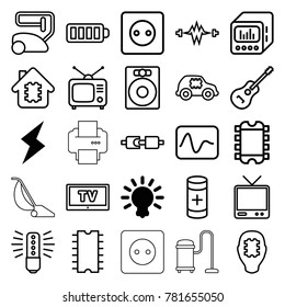 Electrical icons. set of 25 editable outline electrical icons such as flash, bulb, plug socket, vacuum cleaner, speaker, cpu in house, cpu in car, electricity, tv, tv, baterry