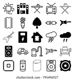Electrical icons. set of 25 editable filled and outline electrical icons such as guitar, cpu in house, speaker, loud speaker set, loudspeaker, battery, thunderstorm
