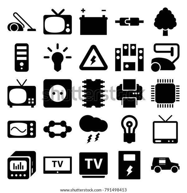 Electrical icons.\
set of 25 editable filled electrical icons such as vacuum cleaner,\
cpu, bulb, tv, loud speaker set, loud speaker with equalizer, plug\
in power socket,\
cpu
