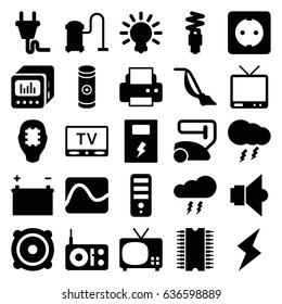 Electrical icons set. set of 25 electrical filled icons such as vacuum cleaner, cpu, printer, tv, battery, speaker, loud speaker with equalizer, plug socket, plug