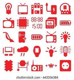 Electrical icons set. set of 25 electrical filled icons such as vacuum cleaner, clean fridge, bulb, concrete mixer, radio, tv, tv, baterry, loud speaker with equalizer