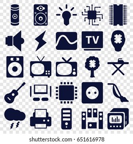 Electrical icons set. set of 25 electrical filled icons such as plug socket, ironing table, vacuum cleaner, cpu, printer, tv, battery, loudspeaker, guitar