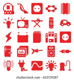 Electrical icons set. set of 25 electrical filled icons such as plug socket, ironing table, washing machine, vacuum cleaner, clean fridge, battery, loud speaker set