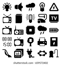 Electrical icons set. set of 25 electrical filled icons such as vacuum cleaner, washing machine, bulb, printer, radio, tv, tv, baterry, loud speaker with equalizer, plug, lamp