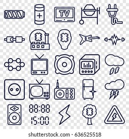 Electrical icons set. set of 25 electrical outline icons such as plug socket, clean fridge, concrete mixer, radio, tv, battery, speaker, loudspeaker