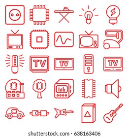 Electrical icons set. set of 25 electrical outline icons such as plug socket, vacuum cleaner, ironing table, washing machine, cpu, tv, guitar, loud speaker with equalizer