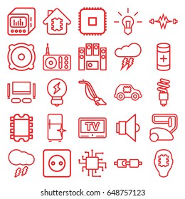 Electrical icons set. set of 25 electrical outline icons such as plug socket, vacuum cleaner, clean fridge, radio, battery, speaker, loud speaker with equalizer, tv