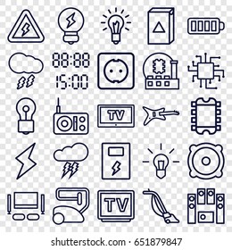 Electrical icons set. set of 25 electrical outline icons such as vacuum cleaner, washing machine, bulb, tv, baterry, speaker, plug socket, light bulb, thunderstorm