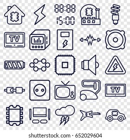 Electrical icons set. set of 25 electrical outline icons such as plug socket, vacuum cleaner, speaker, loud speaker with equalizer, tv, fluorescent lamp, lamp, tv set