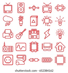 Electrical icons set. set of 25 electrical outline icons such as vacuum cleaner, washing machine, printer, radio, tv, tv, baterry, loudspeaker, guitar, plug socket, light bulb