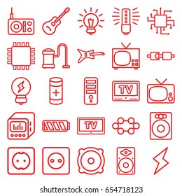 Electrical icons set. set of 25 electrical outline icons such as plug socket, vacuum cleaner, cpu, battery, speaker, loudspeaker, guitar, loud speaker with equalizer, tv
