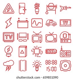 Electrical icons set. set of 25 electrical outline icons such as washing machine, clean fridge, concrete mixer, tv, tv, speaker, light bulb, fluorescent lamp, tv set